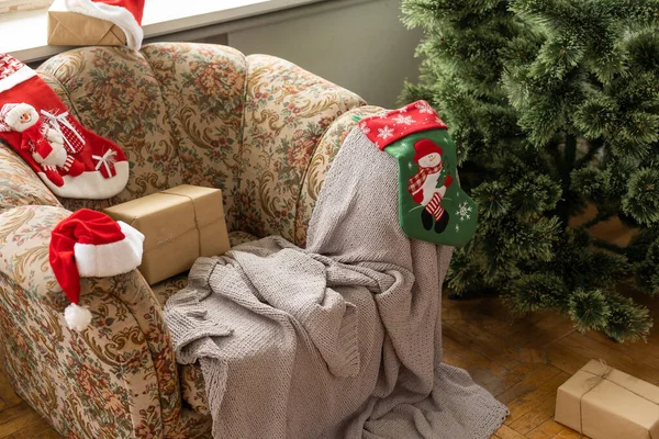 Belo Fundo Natal Árvore Natal Meias Natal Preparação Natal — Fotografia de Stock