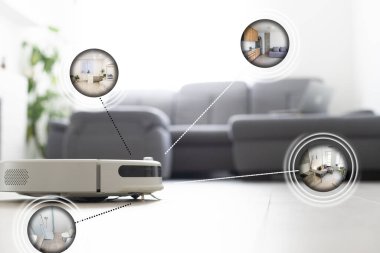 Otomasyon robot servisini temizliyorum. Temizlikçi sanal temizlik ekranında akıllı telefon robot kolu simgesine dokundu. Modern akıllı temizlik destek evi, ofis.