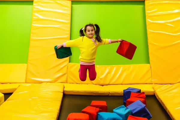 Happy Childhood Modern Child City Girl Jumping Trampoline Park — Stock Photo, Image