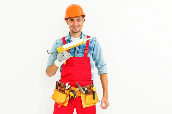 Construction Worker Plasterer Man Uses Caulking Gun Building Site Home — Stock Photo, Image