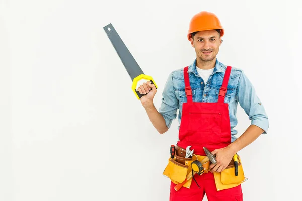 Junge Bauarbeiter Mit Harten Hüten Auf Weißem Hintergrund — Stockfoto