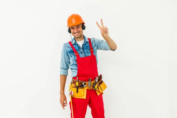 Man Werknemer Met Koptelefoon Witte Achtergrond — Stockfoto