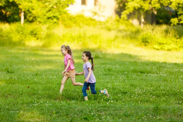 Két Kislány Sétál Mezőn — Stock Fotó