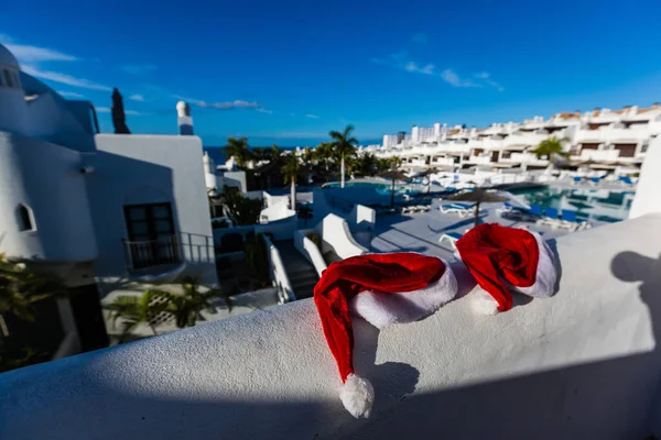 Santa hats on Christmas vacation in Greece.