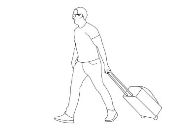 Aralıksız tek çizgi çizen adam, el resmi siluetiyle çizilmiş bir bavulla. Çizgi çalışması. Adam yola koyuldu. Sürekli bavullu bir iş adamı çiziyor, yaşlı adam.