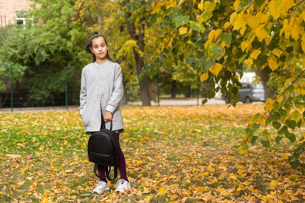 Schattig Jong Meisje Met Een Rugzak Weg Naar School Koude — Stockfoto