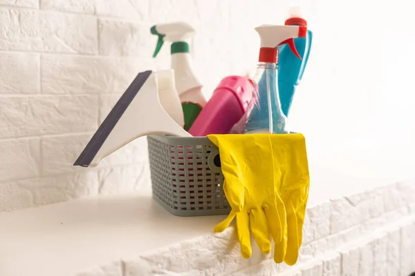 Cleaning products, detergents on white background