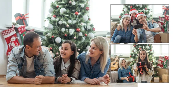 Collage Familias Disfrutando Momentos Celebración Juntos Casa — Foto de Stock