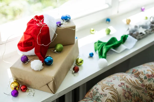Diferentes Presentes Natal Com Decoração Artesanal — Fotografia de Stock