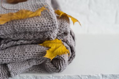 Beyaz arkaplanda sonbahar kompozisyonu ekose ve sarı yapraklar