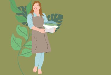 Kadın el yıkama, çamaşırlarını yıkama ve çömelme. Ev halkı aktivitesi. Düz el çizimi çizimi