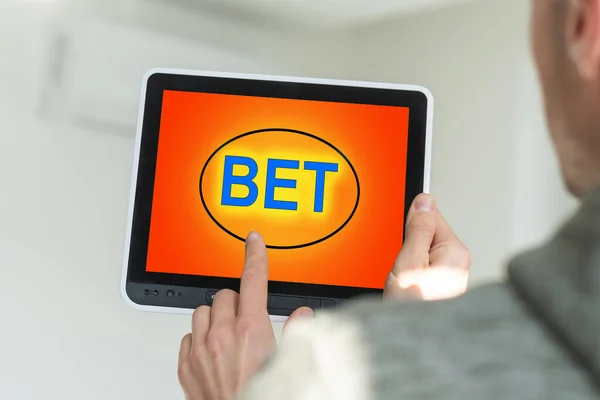 Man Placing Bet Tablet Computer Closeup — Stock Photo, Image