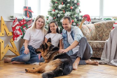 Mutlu Noeller ve mutlu yıllar. Köpekli mutlu aile evde güzel bir Noel ağacının yanında oturmuş yeni yılı bekliyor.
