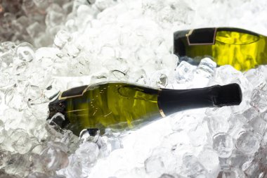 Buzlu bir kovada şampanya şişeleri, üst manzara..