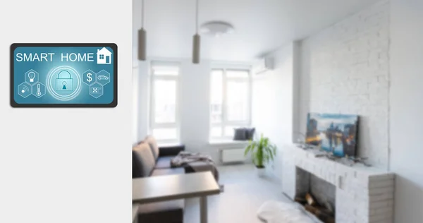 Smart home automation app on mobile with home interior in background. Internet of things concept at home. Smart technology 4.0. High quality photo