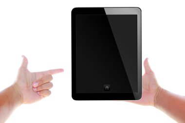 tablet pc ile işadamı eller. beyaz izole.