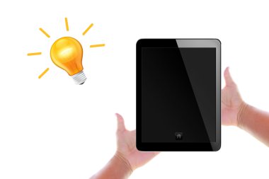 tablet pc ile işadamı eller. beyaz izole.