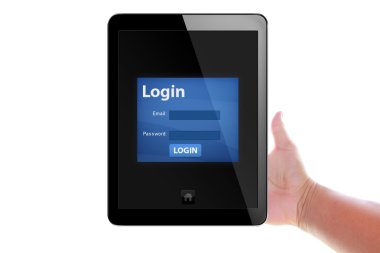 tablet pc ile işadamı eller. beyaz izole.