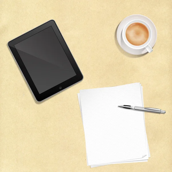 Papier Stift Kaffee und Tablet-PC — Stockfoto