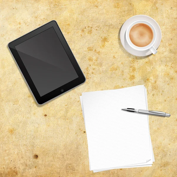 Papier Stift Kaffee und Tablet-PC — Stockfoto