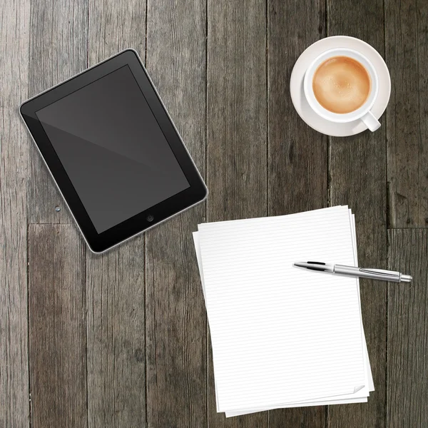 Papier pen koffie en tablet pc Stockfoto