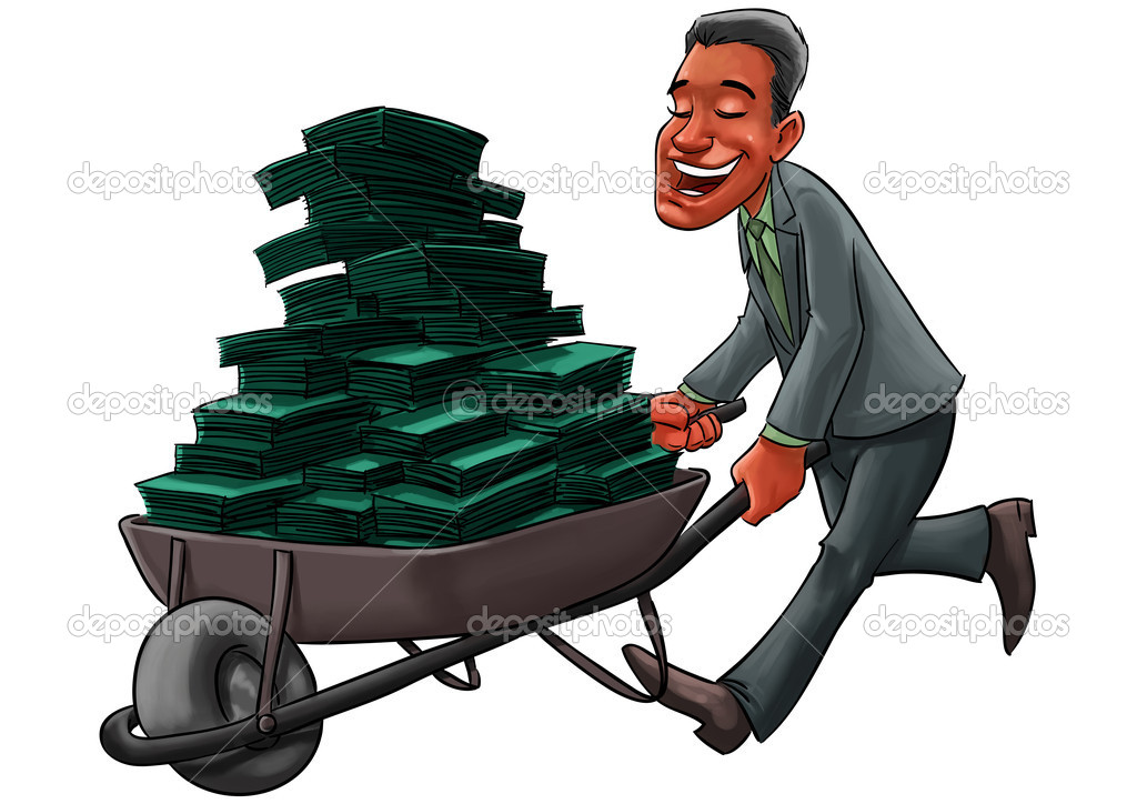 Business man carrying a cart with a lot of money
