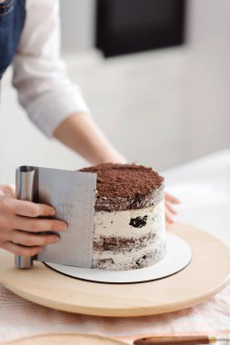 Kadın mutfakta çikolatalı pasta yapıyor, yakın plan. Kadın elleri, yaklaşın. Pasta yapma süreci, Seçici odak