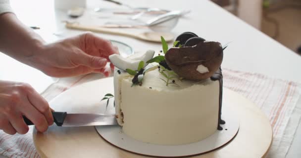 Uma pasteleira corta um pedaço de bolo e coloca-o num prato. Mãos femininas e close-up bolo — Vídeo de Stock