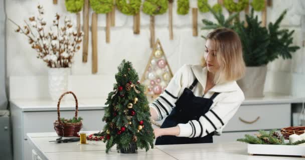 Florist at work. Woman florist make beautiful Christmas decoration in fir shape, small Christmas tree — Stockvideo