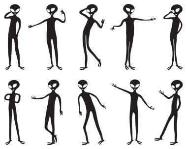 Beyaz arka planda siyah uzaylı siluetleri