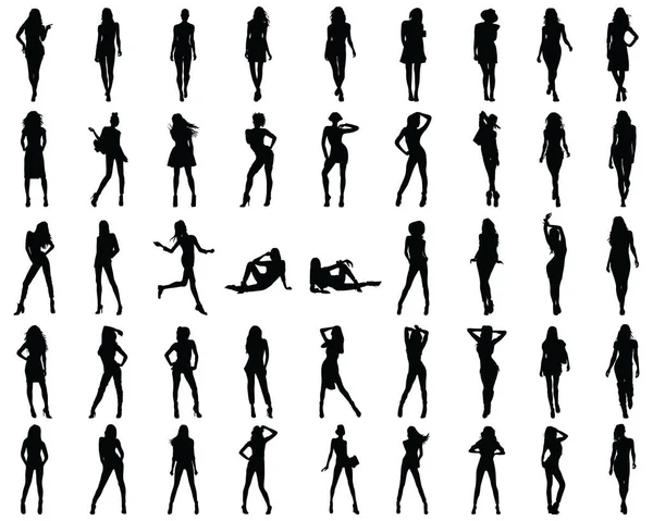 Silhouettes Noires Belles Filles Dans Diverses Poses Sur Fond Blanc — Image vectorielle