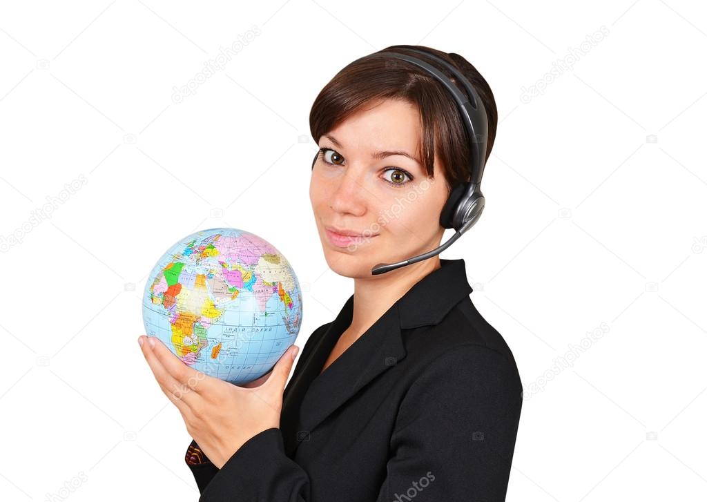 Travel agent talking on headset