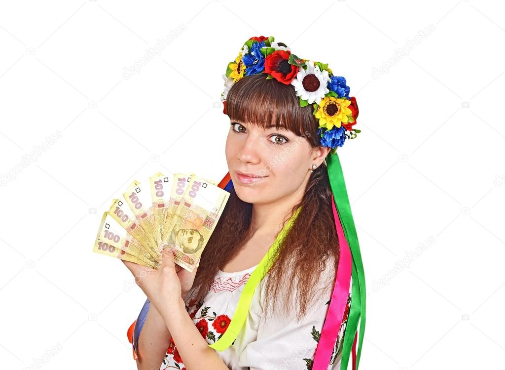 Ukrainian woman with national money hryvna
