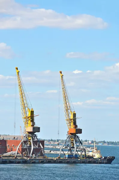 Bogserbåt och godståg under hamnkranen — Stockfoto