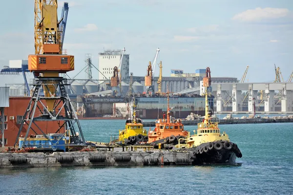 Tugboat and freight train under port crane — Stock Photo, Image