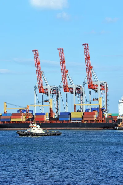 Sleepboot meewerkende container vrachtschepen — Stockfoto