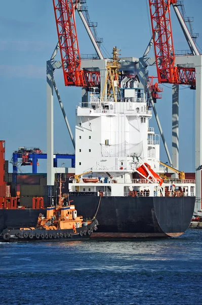 Schlepper unterstützt Containerschiff — Stockfoto