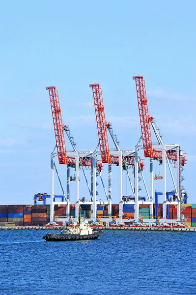 Container stack and tugboat — Stock Photo, Image