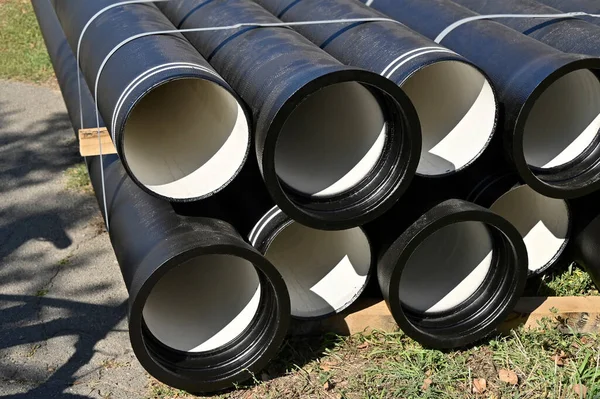 Ceramic Sewer Pipe Stacked Construction Site — Stock Photo, Image