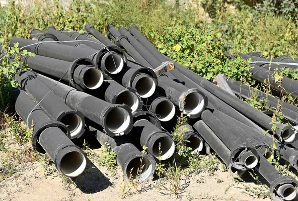 Tubo Esgoto Cerâmica Empilhado Local Construção — Fotografia de Stock