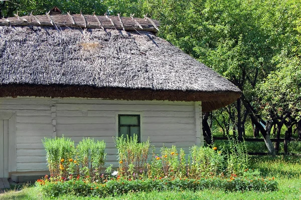 Стародавньої Традиційної Української Сільських Котедж Солом Яний Дах — стокове фото