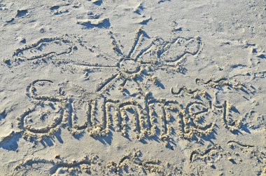 Word summer, written in sand of the beach
