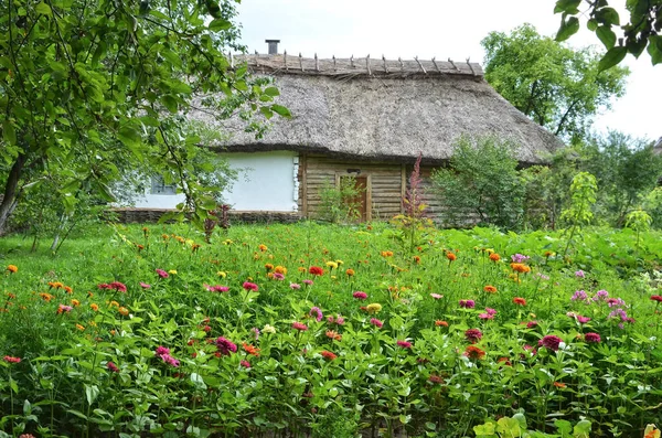 Cabana Rural Ucraniana Tradicional Antiga Canteiro Flores — Fotografia de Stock