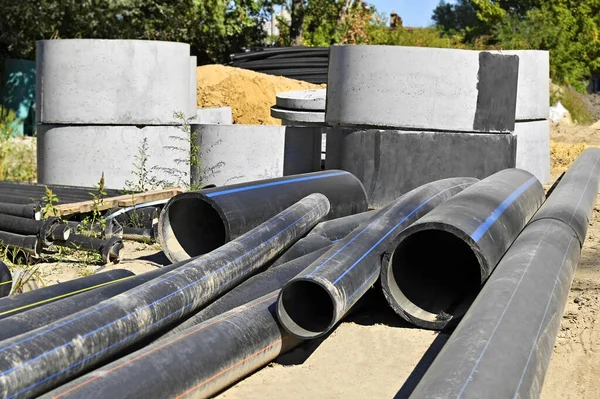 Bloco Poço Drenagem Concreto Tubulação Local Construção — Fotografia de Stock