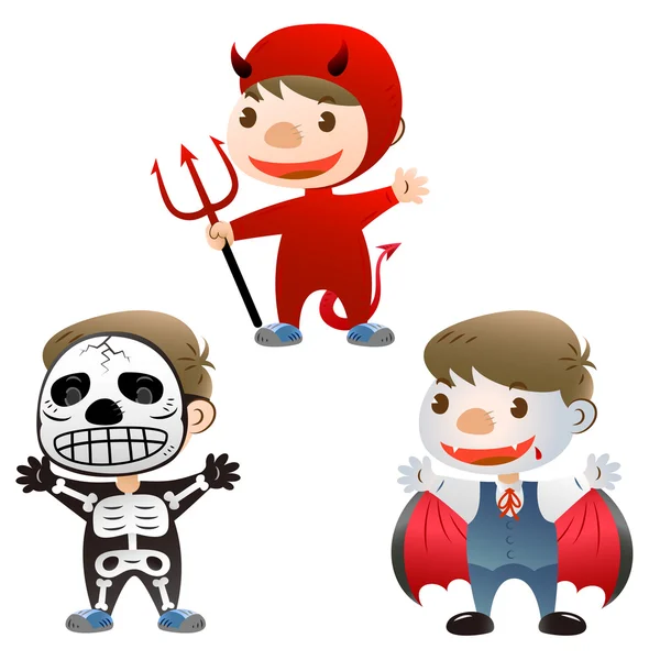 可爱男孩打扮到恶魔骷髅人和吸血鬼 — 图库矢量图片