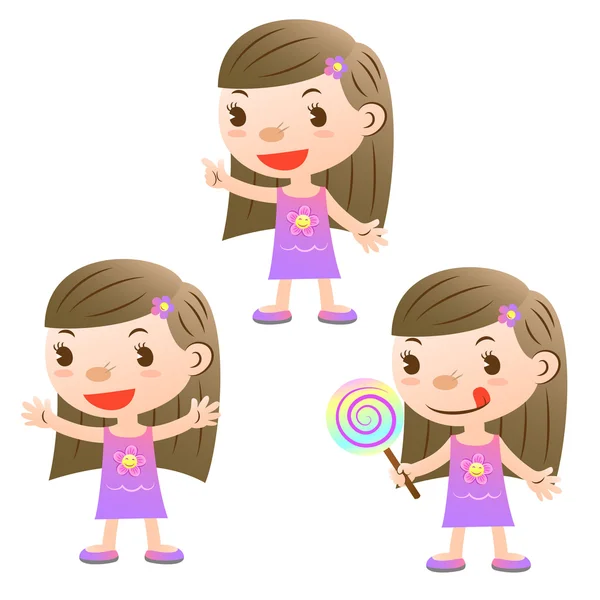 Cute girl with lollipop and open arms and pointing — Stock Vector