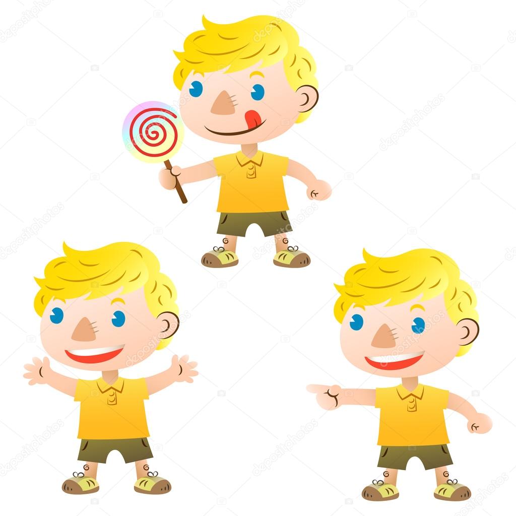 Cute blond boy pointing and holding lollipop