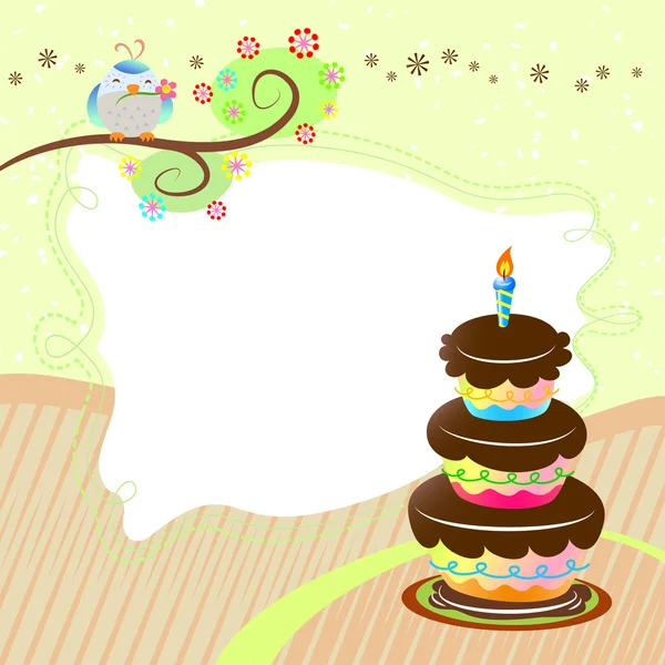 Κάρτα γενεθλίων με κέικ και χαριτωμένο πουλί — Διανυσματικό Αρχείο