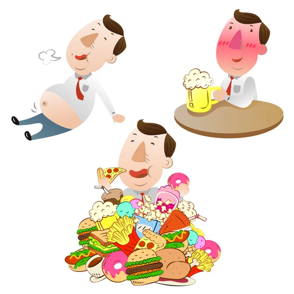 Man eating,drinking and eat very full — Stock Vector