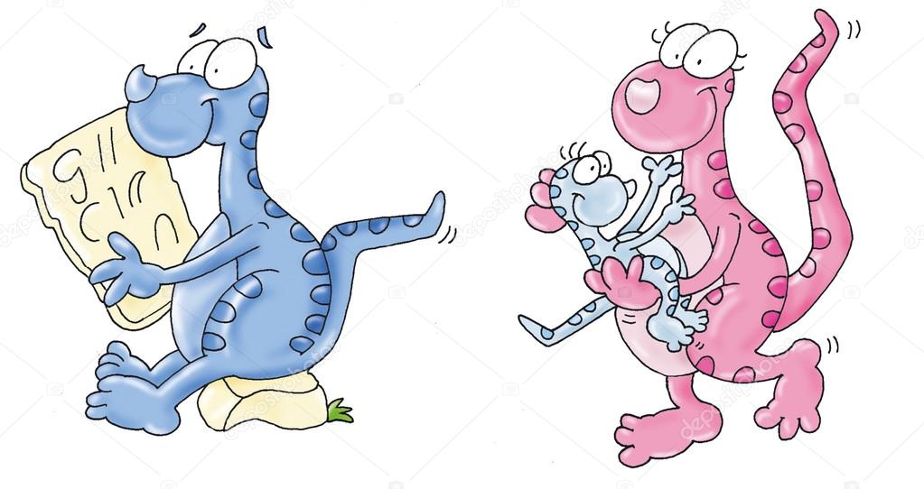 Humorous cartoon animals, dragons, dinosaurs